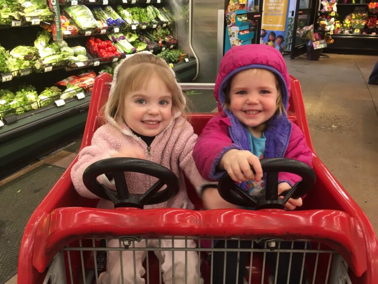 Two kids riding in the shopping cart at the store.