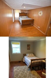 before and after pictures of painting wood paneling in small bedroom