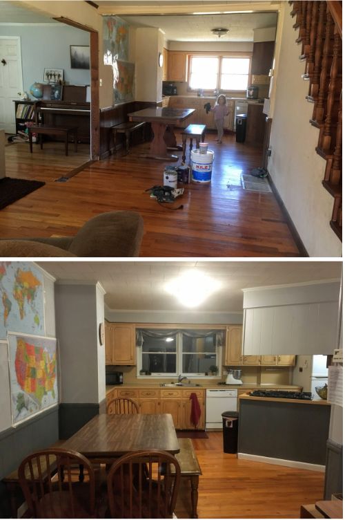 before and after picture of a dining room reno paint job.