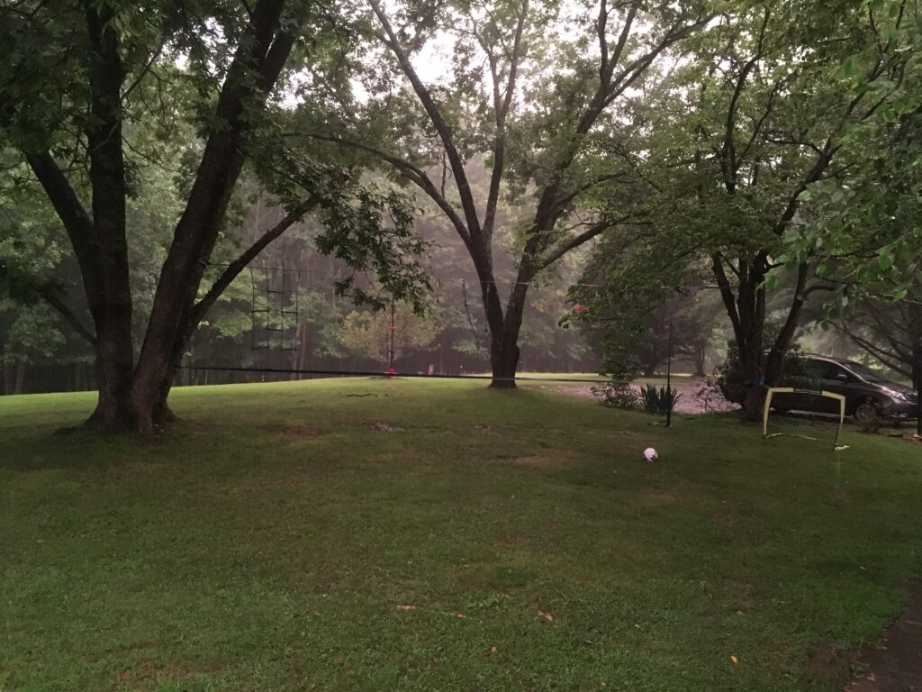 Front yard with 2 pecan trees in the pouring rain