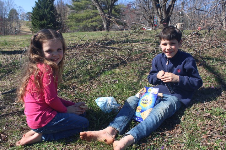 boy and girl making smores in their yard
