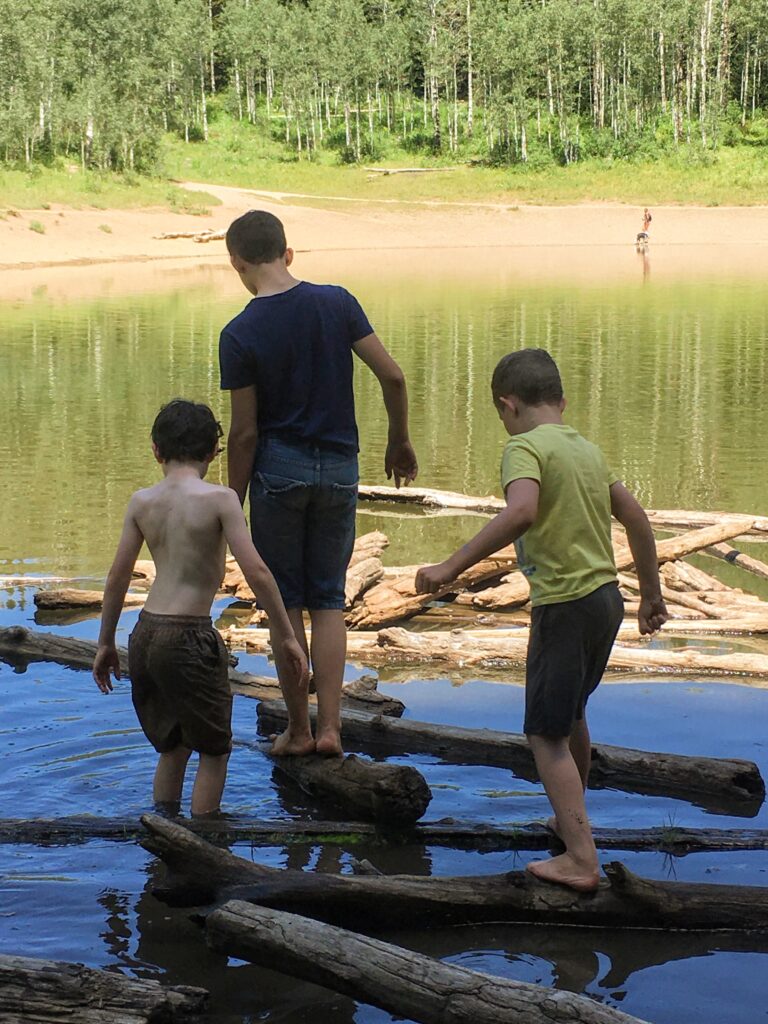 3 boys walking on logs on the shore of Dog Lake.