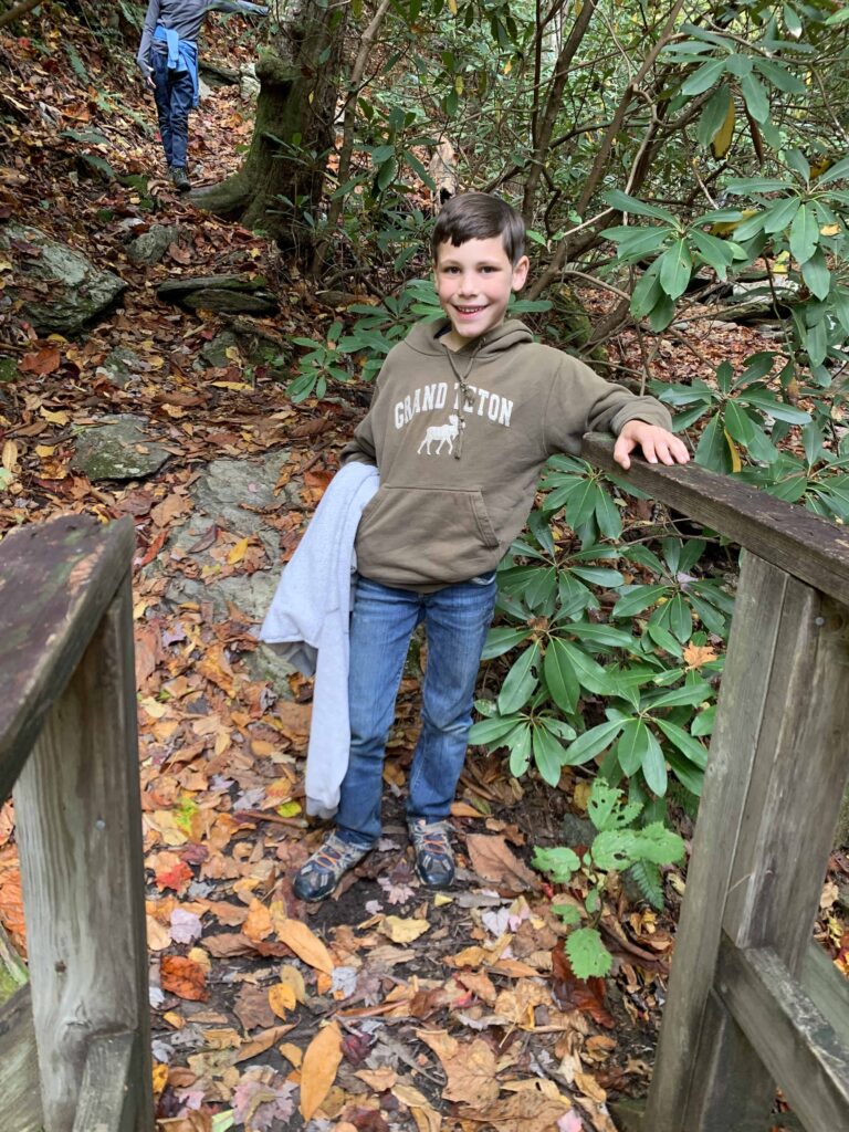 8 year old boy on the bridge on cumberland knob hike